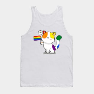 Cute Cat Holding LGBTQ+ Pride Flag Tank Top